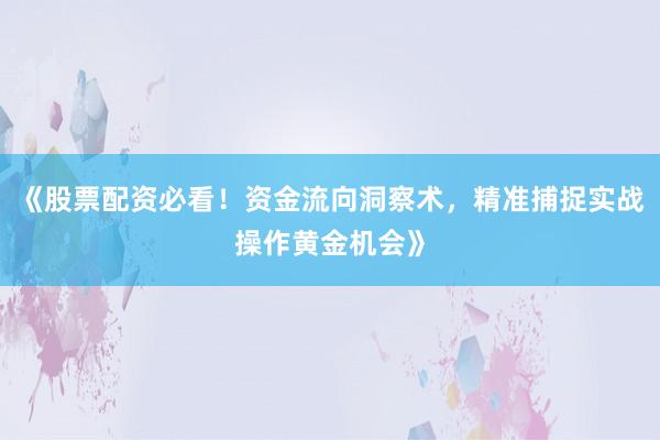 《股票配资必看！资金流向洞察术，精准捕捉实战操作黄金机会》